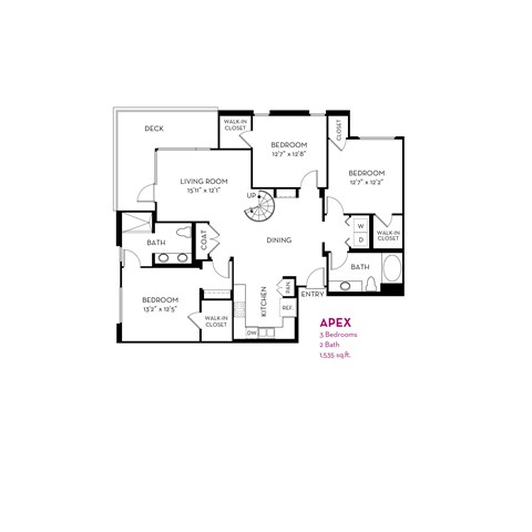 Floor plan for 3 beds, 2 baths, 1535 sqft